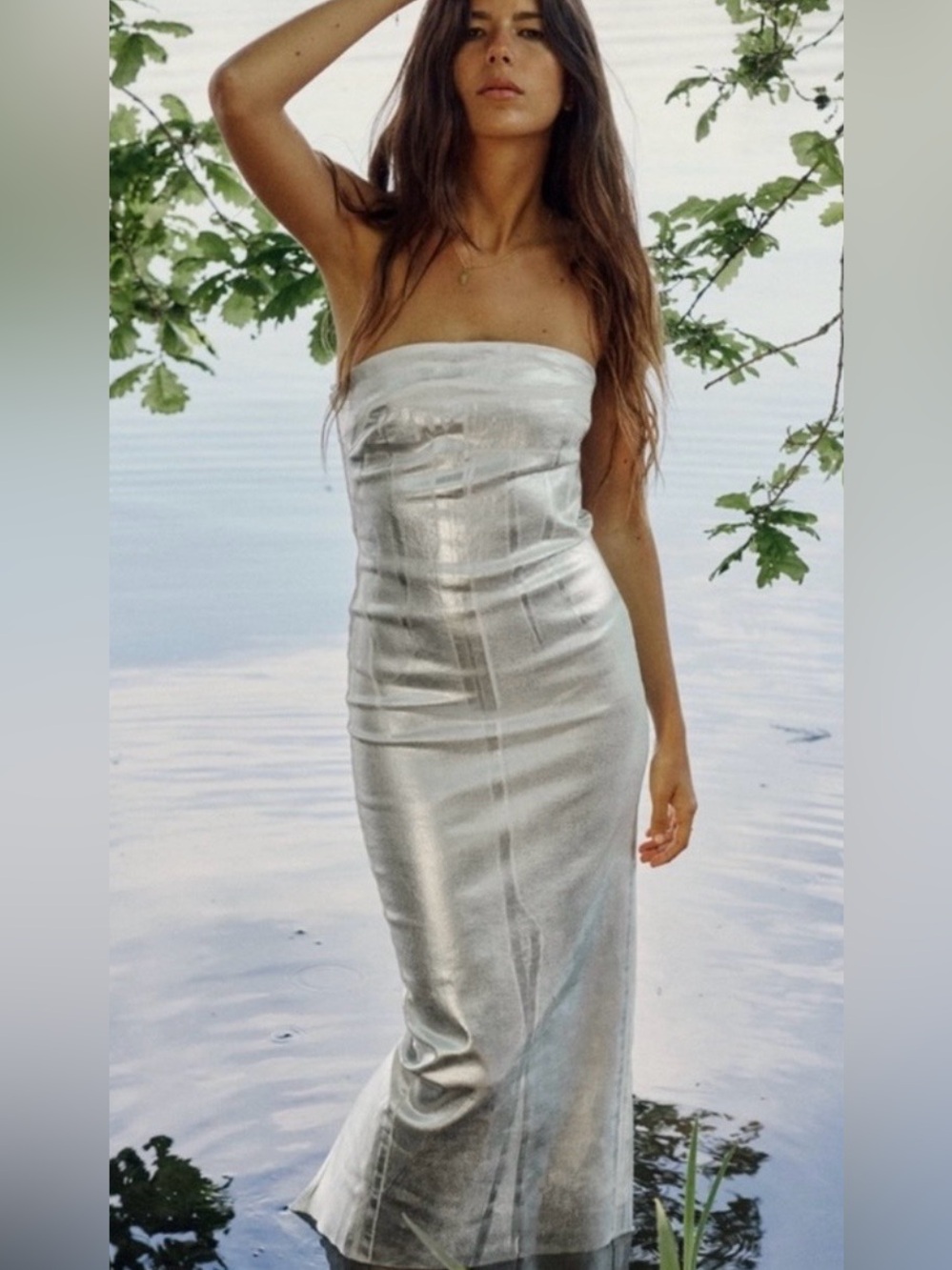 Zara The Fitted Denim Dress Silver Metallic Strapless Midi NWT Large - Picture 2 of 7